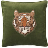 Tiger Embroidered Cushion on Cactus Green