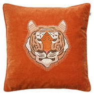 Tiger Embroidered Cushion on Orange Velvet 