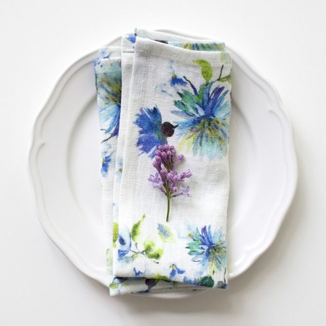 Napkins Flowers on White Linen (pair): summer flowers linen napkin