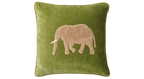 Embroidered Elephant Cactus Green Velvet Cushion