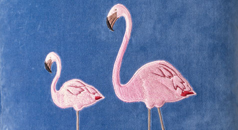 Flamingo Embroidered Cushion on Blue Velvet