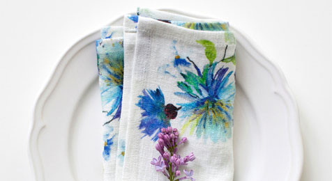 Napkins Flowers on White Linen (pair)