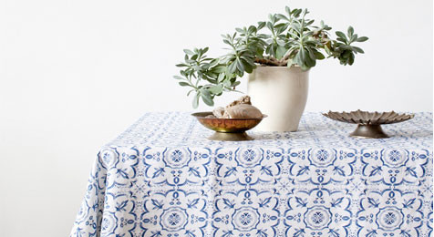 Blue Mosiac patterned Linen Tablecloth