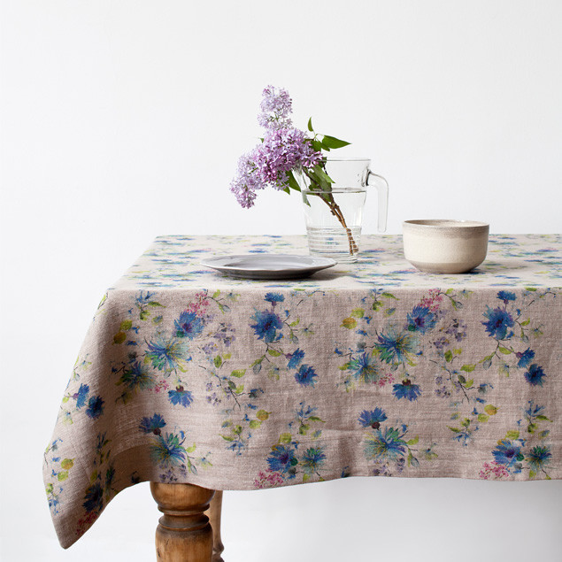 Summer Flowers on Natural Linen Tablecloth