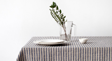 Linen Tablecloth Blue Stripes on Natural