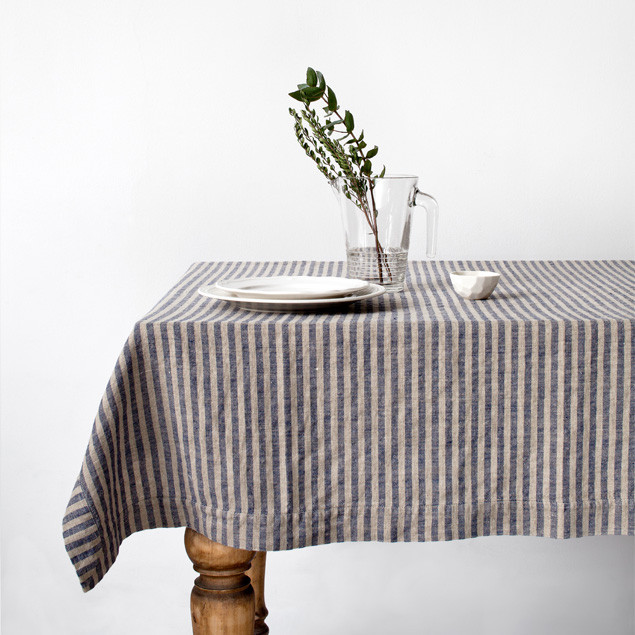 Linen Tablecloth Blue Stripes on Natural