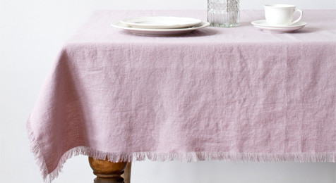 Pink Lavender Vintage Linen Tablecloth with fringes