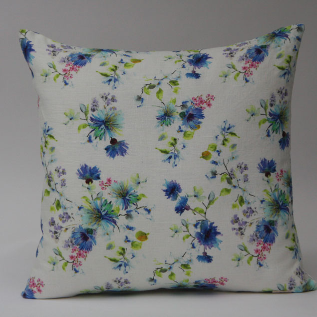 Summer Flowers Print on White Linen Cushion