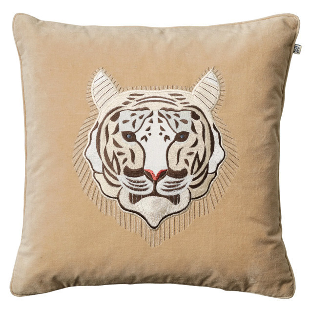 Tiger Embroidered Cushion White: Tiger cushion Beige whiteVelvet