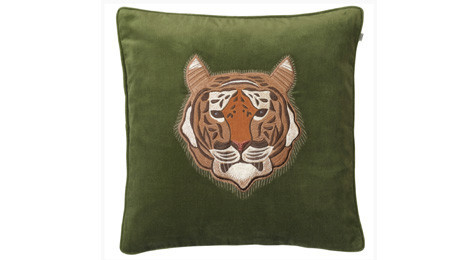 Tiger Embroidered Cushion on Cactus Green