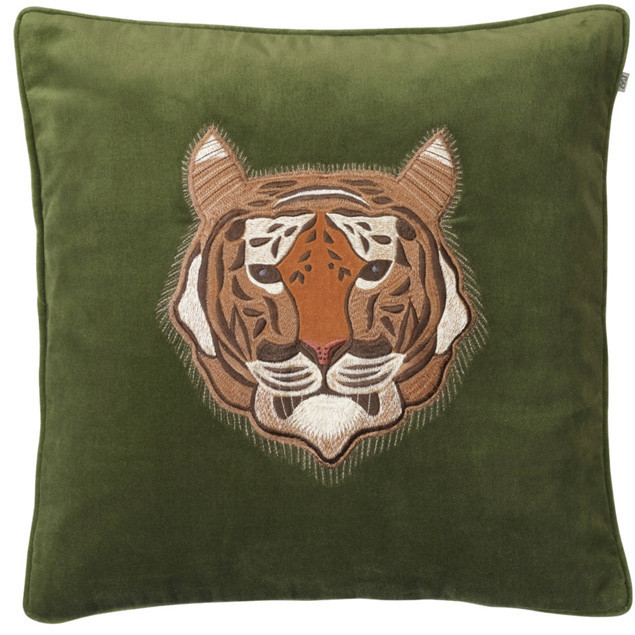 Tiger Embroidered Cushion on Cactus Green: Tiger Embroidered Cushion on Cactus Green